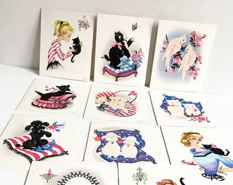 Vintage 50's vintage greeting cards / double cards / dog and cat motifs / velvet pad / petticoat / retro