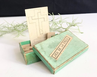 Antique French placement game "Jeu de la Croix" / small wooden elements to place according to the example / cardboard box / France, antique