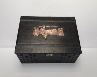Antique Art Nouveau wooden cassette, with ladies motif fittings, chest - lidded chest / storage