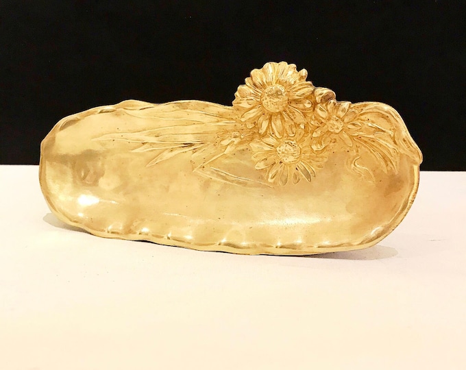 Vintage brass pen tray, "Daisies" floral motif, jewelry tray