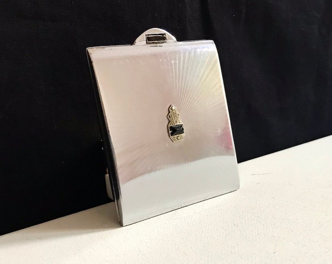 Antique Swiss Art Deco powder box with marcasite/compact powder powder box/silver mirror box/glass stone, black/Onyx/Suisse