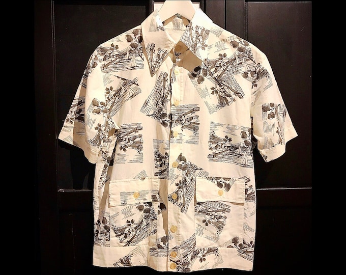 True Vintage men's shirt, short sleeves, house - boat - motif, cream - black / 100% cotton / 50's fashion, retro
