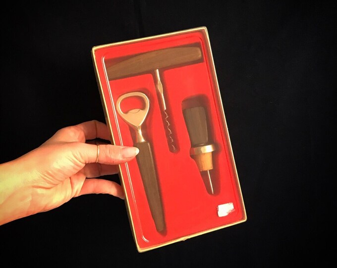 Retro brass teak set / bottle opener / bottle opener / wine bottle opener / pourer / vintage brass / bar