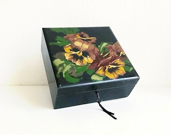 Antique Art Deco wooden box, lockable chest, pansy motif box - black with flowers
