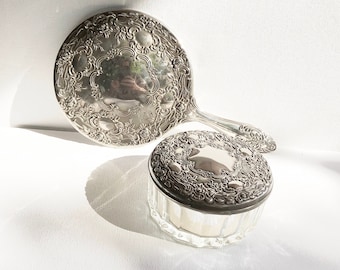 Vintage hand mirror with powder box, silver plated / baroque pattern / glass lidded box for powder / antique