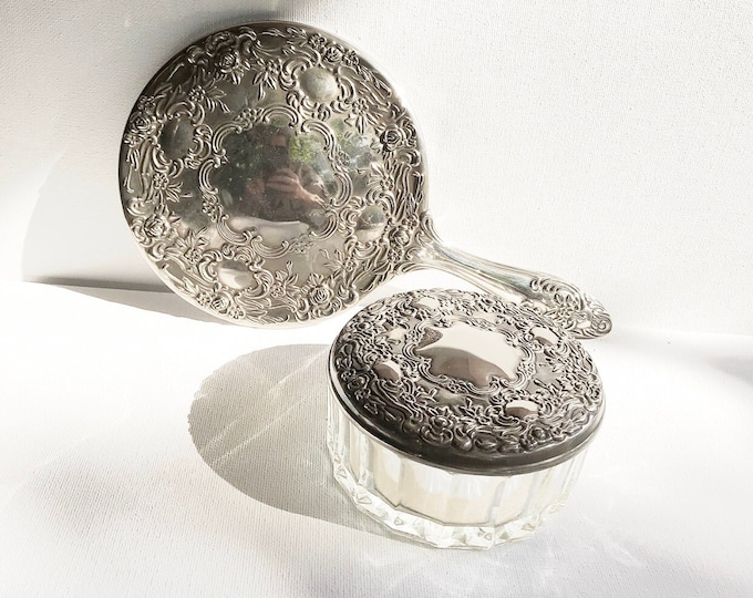 Vintage hand mirror with powder box, silver plated / baroque pattern / glass lidded box for powder / antique