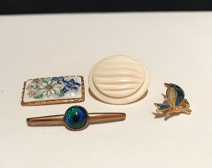 Vintage brooches / brass copper enamel and bone / traditional / floral with gentian / little bird