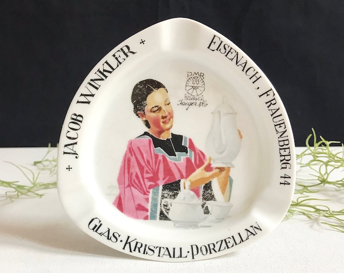 Antique porcelain ashtray / ladies motif / Jakob Winkler, Eisenach / PMR, Jäger & Co. / porcelain advertising