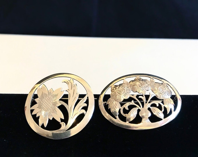 Antique 800/835 silver brooch / handmade, with flower motif / three flowers, chased