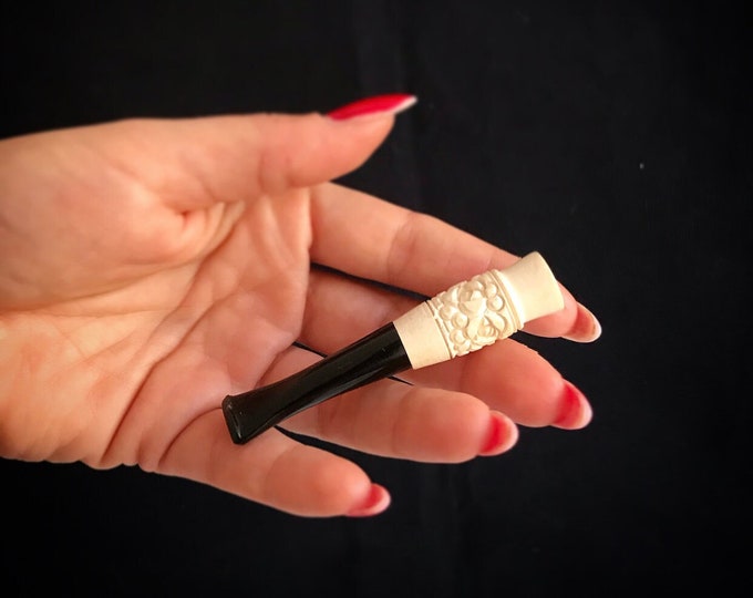 Antique Art Deco Meerschaum and Bakelite cigarette holder / floral carving