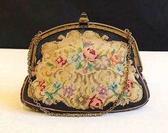 Antique art deco petit point tapestry bag / floral embroidery / clutch / evening bag with chain / gold