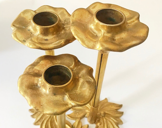 Vintage brass candlestick, candle holder / 3 flames, floral / candlestick / Italy