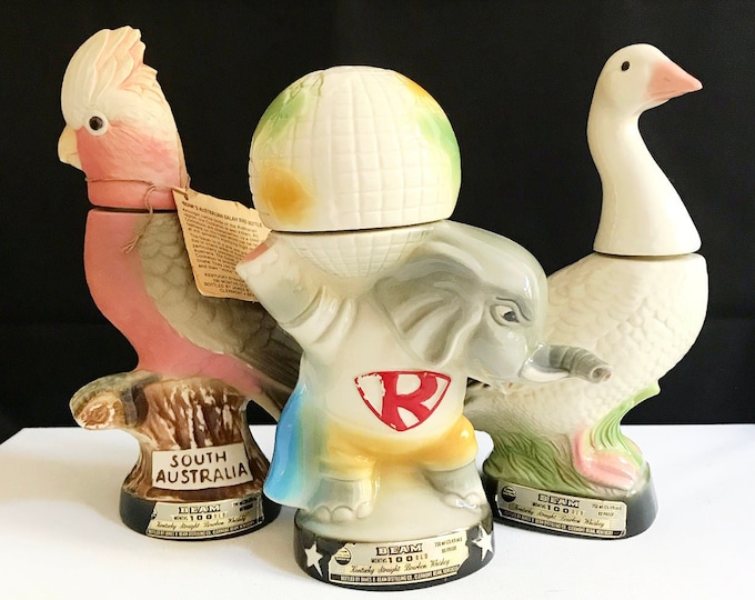 Vintage Jim Beam Ceramic Decanter, Bottle / Elephant with Globe / Australian Galah Bird / Goose / Bar Stuff / Whiskey