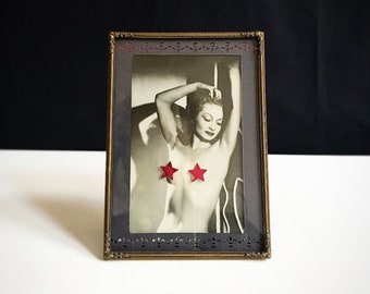 Antique Art Deco photography, framed / Casino de Paris / Upcycling Art / Lady / "red Star censorship" / Brass picture frame /erotic