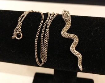 Vintage 925 Sterling Silver Snake Pendant with Marcasite, Necklace with Snake