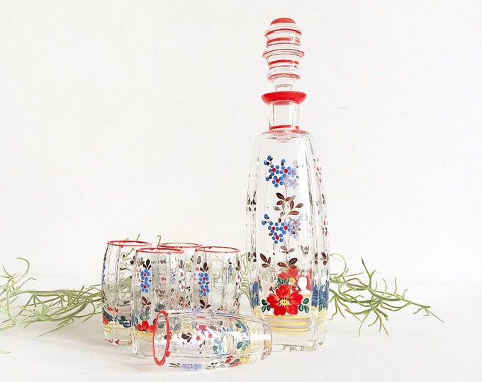 Antique liqueur bottle with glasses/hand-painted/Art Deco pinnacle/floral set