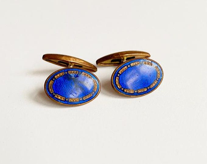 Antique Kollmar & Jourdan Sapphire Blue Guilloche Enamel Cufflinks, Blue Enamel