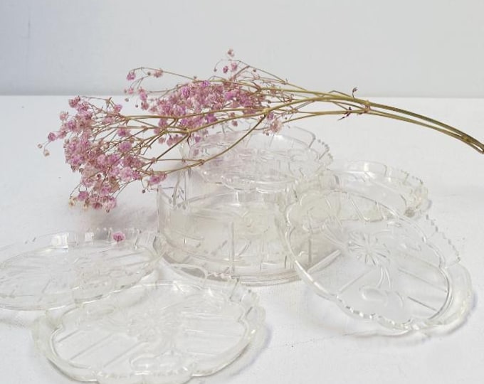 Vintage plastic drinking glass coaster / transparent with cherry motif / Mid Century / Vintage Bar Accessory