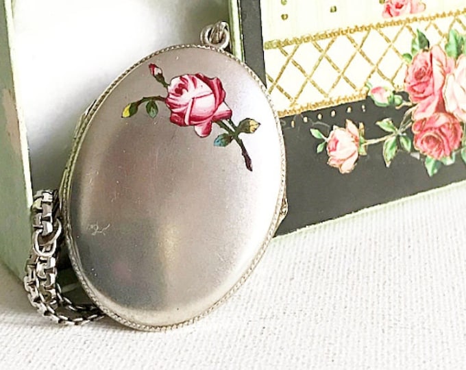 Antique Art Deco Alpacca medallion / enamel rose motif / solid long 835 silver necklace