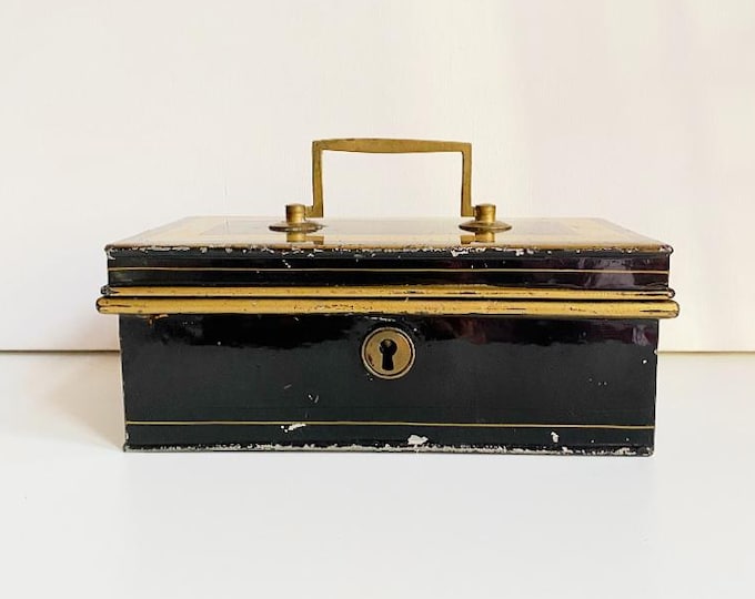 Antique brass box, black lacquered cash box, register, box / lidded chest / storage