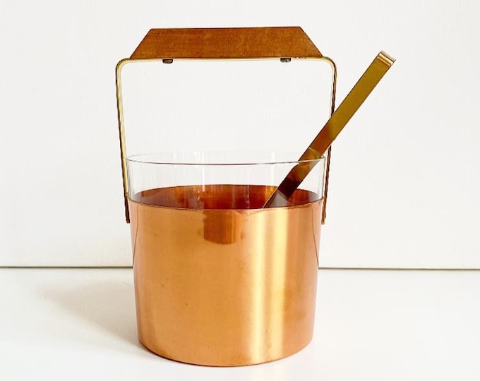 Vintage Mid Century Ice Cube Tray, Smoked Glass, Copper, Brass and Teak / Ice Bucket / with Ice Tong