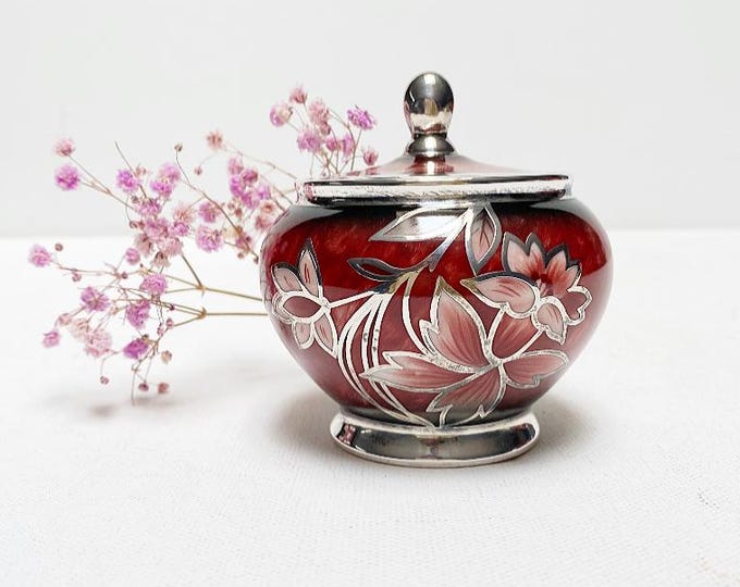 Vintage Rosenthal 1000 fine silver overlay porcelain lidded box, Bordeaux colored with flower motif, Deusch silveroverlay box