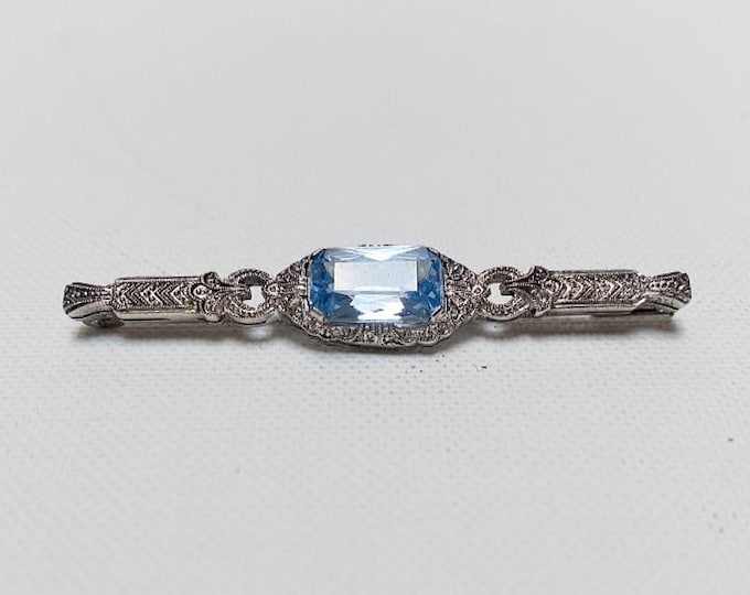 Antique Art Deco bar brooch, 935 silver / blue stone, aquamarine or blue topaz