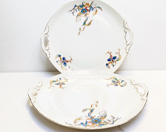 Antique Art Deco Zeh Scherzer porcelain serving plates, set of two, plates with handles and gold decoration