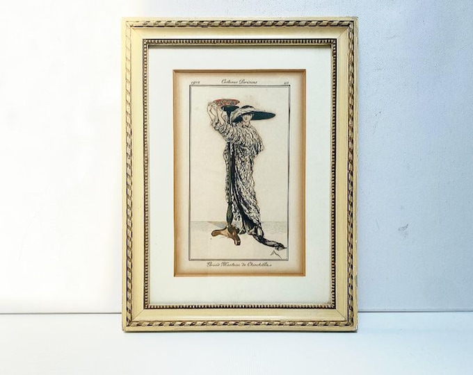 Antique Art Deco hand-colored engraving, framed "Costumes Parisens" lady in chinchilla coat, fashion magazine 1930s, Paris France