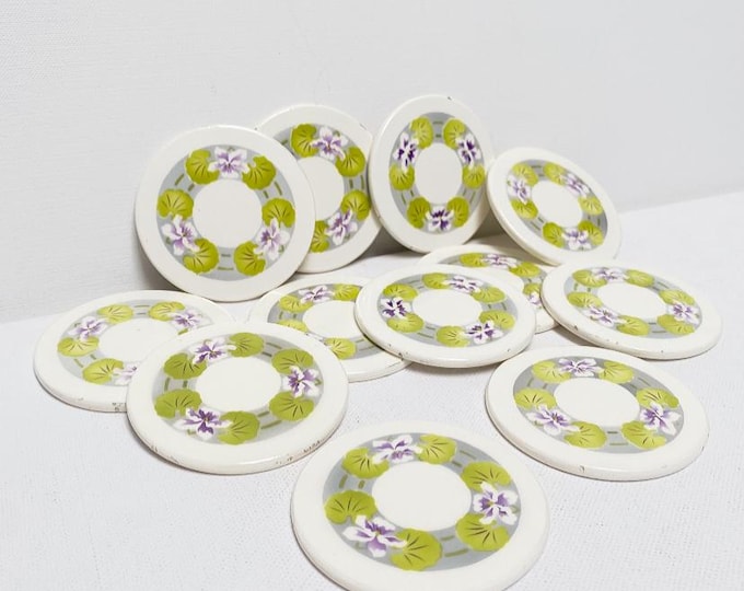Antique Art Deco ceramic coasters / floral with flowers - pansy motif, set of 12 pieces