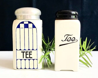 Antique porcelain tea caddy / tea storage / vintage lidded jar with metal lid