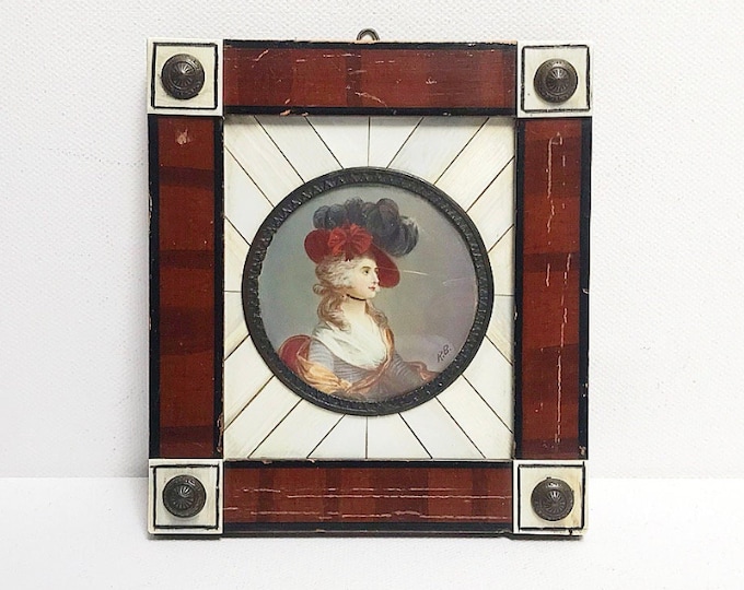 Antique miniature painting, portrait of a fine lady with hat, wooden leg frame, magnifying glass painting, signed