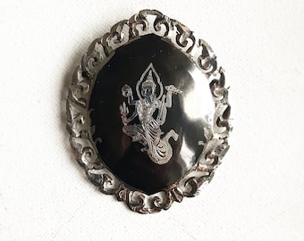 Vintage 925 sterling silver Siam Toledo brooch / with deity / goddess Shiva / enamel