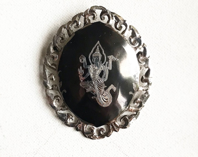 Vintage 925 sterling silver Siam Toledo brooch / with deity / goddess Shiva / enamel