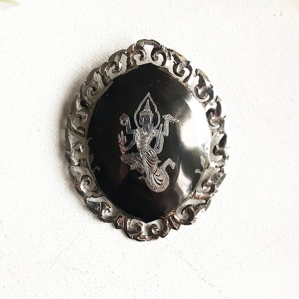Vintage 925 sterling silver Siam Toledo brooch / with deity / goddess Shiva / enamel