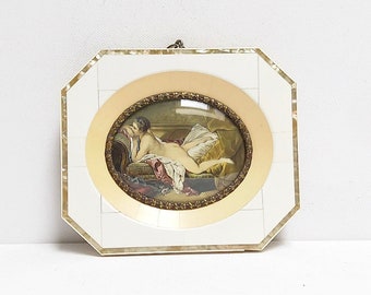 Antique erotic miniature painting "Resting Girl" Marie-Louise O’Murphy after François Boucher, bone frame, magnifying glass painting, erotic