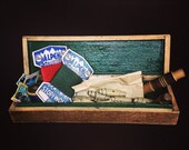 Vintage wooden box in folk art style sewing stuffing utensils antique leather buttons wooden needle cap knit needle box spool