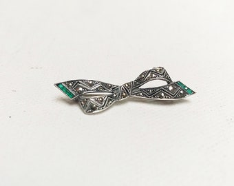 Antique Art Deco 835 silver bow brooch with marcasites, green stones, vintage brooch, bow