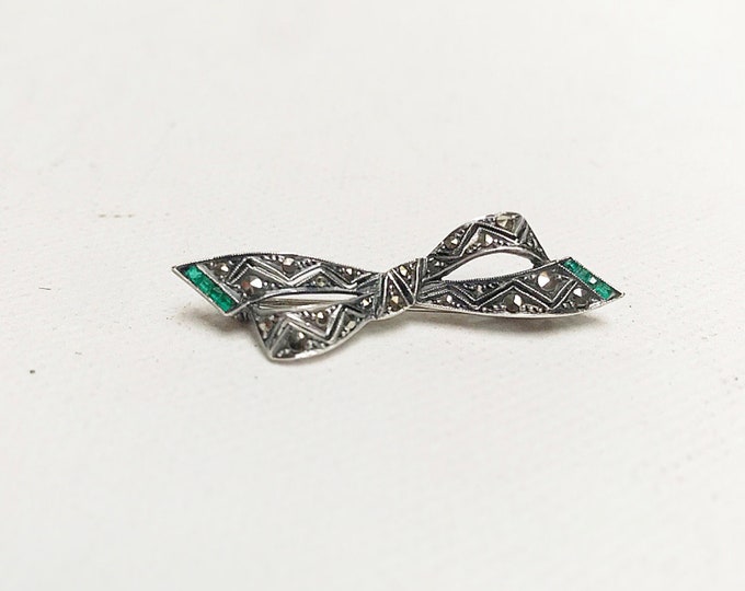 Antique Art Deco 835 silver bow brooch with marcasites, green stones, vintage brooch, bow