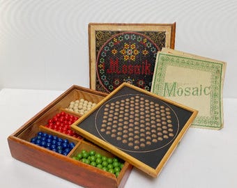 Antique Art Nouveau mosaic game, clay marbles in a wooden box, Edwardian board game, 1900s