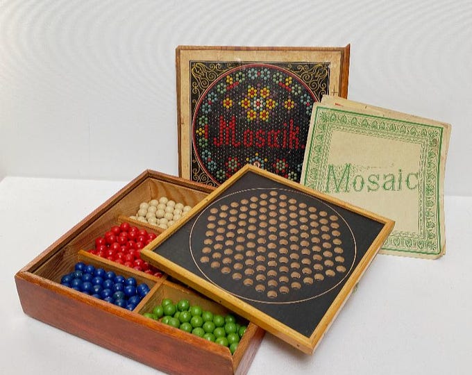 Antique Art Nouveau mosaic game, clay marbles in a wooden box, Edwardian board game, 1900s