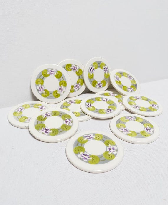 Antique Art Deco ceramic coasters / floral with flowers - pansy motif, set of 12 pieces