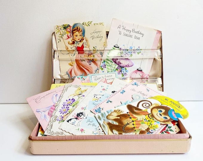 Vintage 1960s greeting cards in a pink plastic box "Farrington" made in the U.S.A. / Dog and cat animal motifs / Retro