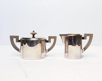 Antik Art Nouveau silverpläterad WMF creamer service, sockerskål och mjölkkanna, strutsmärke, Württembergische Metallwarenfabrik