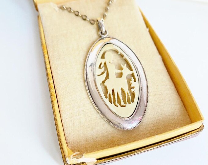 Antique Art Deco necklace, alpaca pendant "Girl with Deer", hunting jewelry, with bone carving, traditional costume