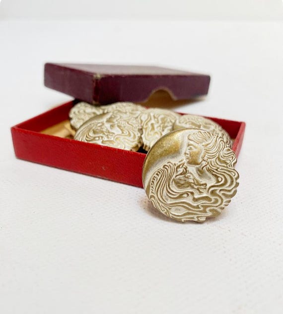 Vintage metal buttons lady with horse / in antique Art Nouveau style / gold-colored