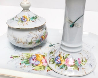 Antique Art Nouveau porcelain set with dragonfly motif, tray, candle holder and lidded box / cruet