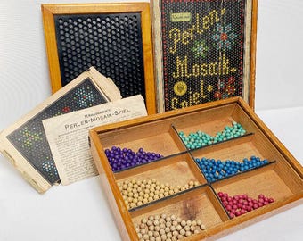 Antique Art Nouveau Könemann's Pearl Mosaic Game, Clay Marbles in a Wooden Box, Edwardian Board Game, 1900s, Mosaic Game