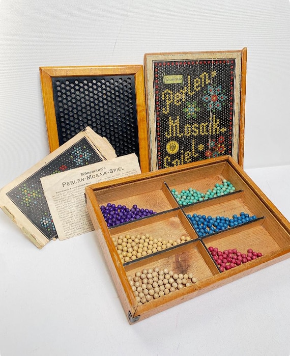 Antique Art Nouveau Könemann's Pearl Mosaic Game, Clay Marbles in a Wooden Box, Edwardian Board Game, 1900s, Mosaic Game