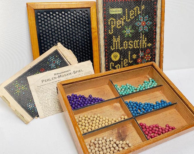 Antique Art Nouveau Könemann's Pearl Mosaic Game, Clay Marbles in a Wooden Box, Edwardian Board Game, 1900s, Mosaic Game